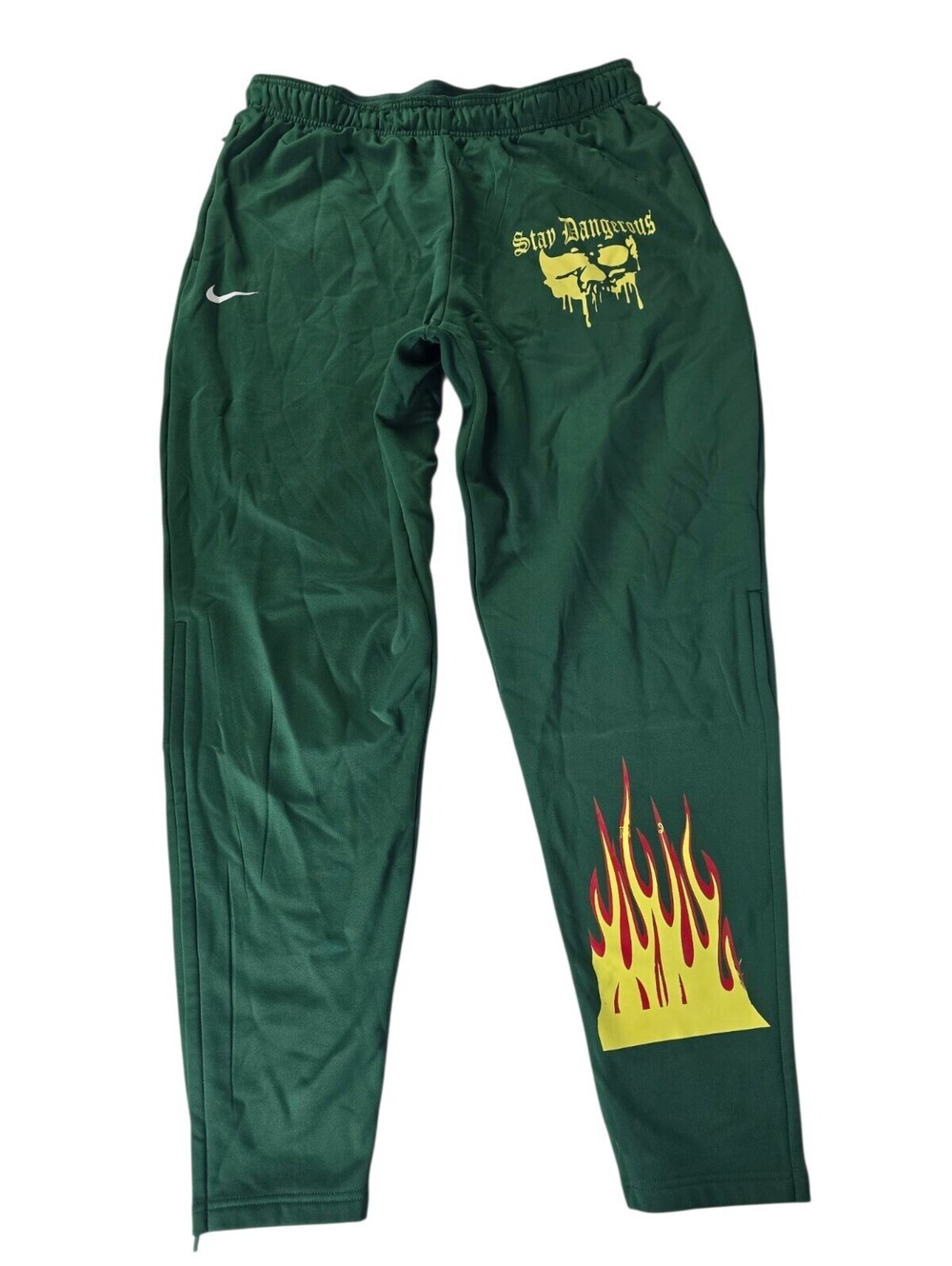 Nike Custom Sweatpants "Stay Dangerous" Green-Orange Flames Jogger Pants Sz L